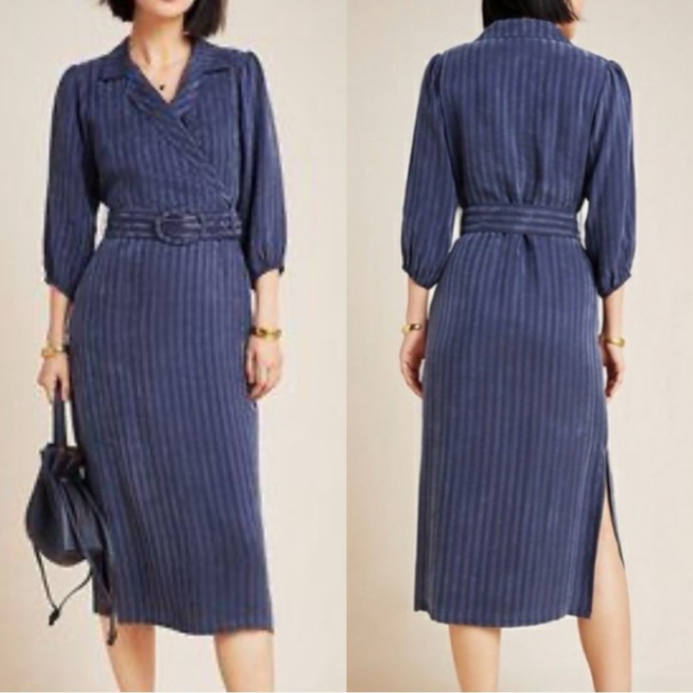 NWT ANTHROPOLOGIE The Odells Striped Blue Belted Dress